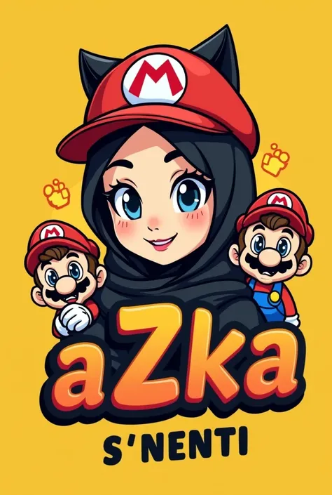 nama realistis “aZKa SNENTI” dalam huruf 4D besar dengan desain tumpahan cat merah di bagian bawah.   Behind the text is a woman in a hijab wearing a hat with letters "a". There are three adorable Mario Bros dolls . The background is yellow .  The overall ...