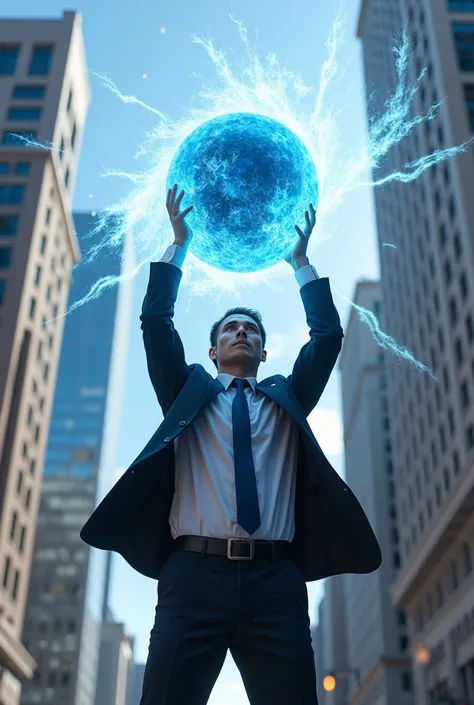  In a realistic image like a photograph ,  a man in a suit in an attack pose, Hold above your head , a futon rasen shuriken , , a light blue spherical energy that emanates beams that resemble a shuriken, Its power resembles a vortex of wind .  Your express...