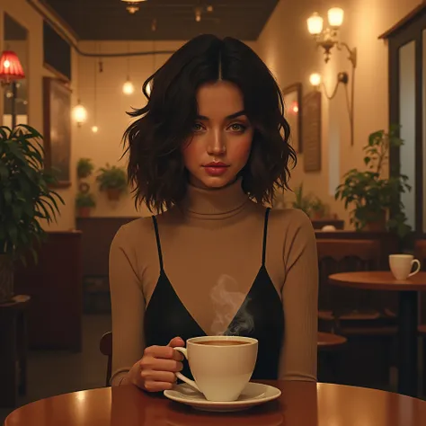 wearing a turtleneck dress in a cafe having a coffee