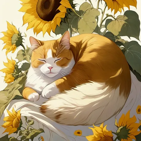 fusion of Eastern and Western paintings, art posters, cute plump cat sleeping on bed made of huge sunflower, draped with morning glory flowers, warm weather, professional and perfect composition, extremely delicate depiction, extremely clear image, ultra d...