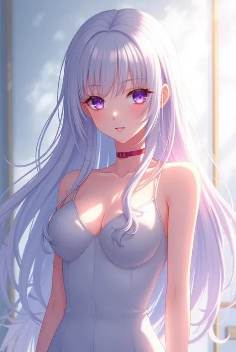 screencap anime, a girl with white long hair hime cut and violet eyes. The girl wear sexy dress.