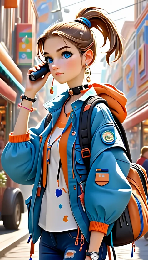 a young girl in 25 years old showing youthful vigor and vitality. With a sharp ponytail,she is tall,blue eyes, wears a hard shell jacket in light orange color ,paired with a pair of jeans and white sneakers with colorful laces as an accent,Carrying a backp...