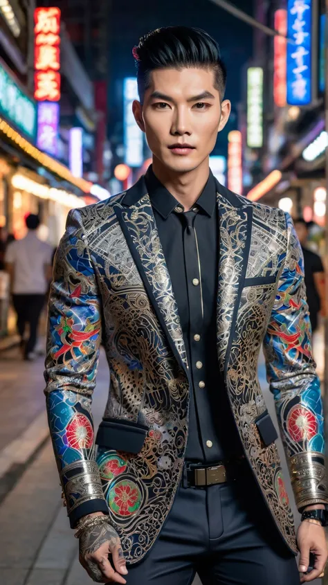 Photo of a handsome Asian male model of Thai-Japanese descent, porcelain white skin, high-end cosmetics makeup, wearing stylish office clothes combined with strong metal armor details, body with tattoo patterns, walking towards the camera, in the context o...