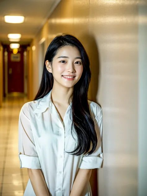 Wearing a white shirt、Smiling woman standing in the hallway，The light is on , Nam Jae-yeon, A young Asian woman, Using a Canon EOS 5D Mark IV , Cui Xianhua, Gemma Chan,  gorgeous young Korean women , Kim Tae-jun,  shot with the Canon 5D Mark IV , xision wu...