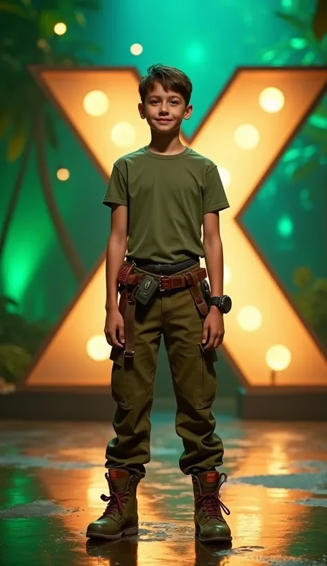 A young jungle explorer ,  with tanned skin and short brown hair .  He wears an olive green t-shirt ,  adventure pants and sturdy boots ,  with a belt full of tools . he is standing,  full body, a little distance, with the chão polido do palco visível sob ...