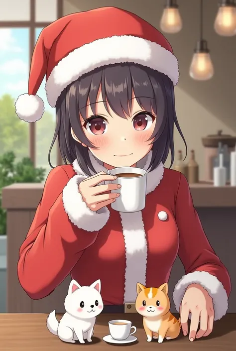  Japanese actress, beautiful woman, and wearing a Santa Claus costume(Chibi character 1.3)Is drinking coffee at a cafe　There are cute white Samoyed dogs, cute Shiba Inus, Capybaras, and Calico cats sitting around