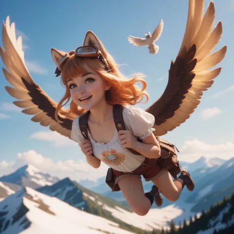 cute girl with wolf ears riding on winged wolf flying over mountain meadow