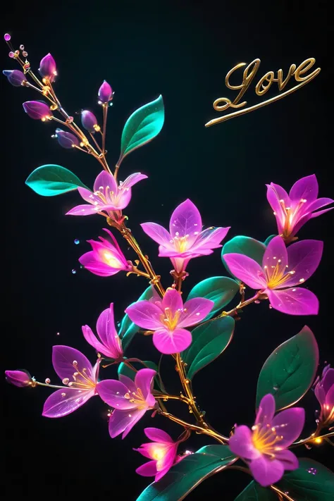 minimal branch of delicate glowing bioluminescent dark pink lilac flowers and green leaf with bright colors, super transparent, beautiful spectral light, petals glow and flashing, black background, a text "Love You" correctly spelled in cursive golden font...