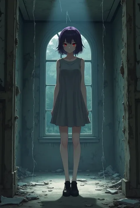 anime style, female character with short dark purple hair, red eyes, fair skin, wearing a gray dress and black shoes, height 1.85 meters, serious expression, standing inside an abandoned room filled with cobwebs, cracked walls, and a decayed atmosphere, di...