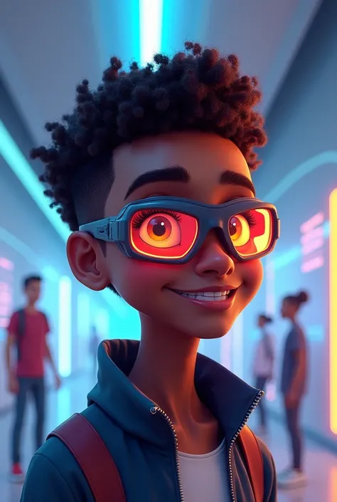  technology theme Create a black character wearing Pixar animation-style glasses, with the 