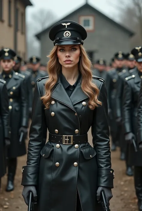    High Definition  、There are many muscular female Nazi officers with handguns at the entrance to the camp、Leather coat 、leather military hat     、 LEATHER BUSTIER    、leather pants、nsfw