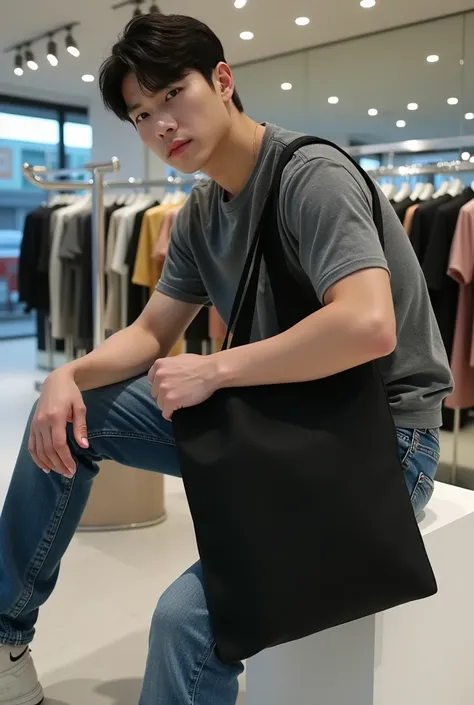 Fashionable photo of a plain black canvas bag with the same color strap, size 14 *The 16-inch SXR print features one handsome Korean model wearing a grey T-shirt and SXR jeans sitting in the SXR display shop in front of the store. , silver acrylic stand, b...