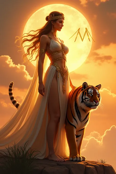  The Goddess Themis of Justice, Give full body ,  and robust and beautiful ,  and united with a Tiger of Vengala ,  elegantly shaped , y real .  It includes the initials M and M , in golden color,  in the background includes an elegant and beautiful sunset...