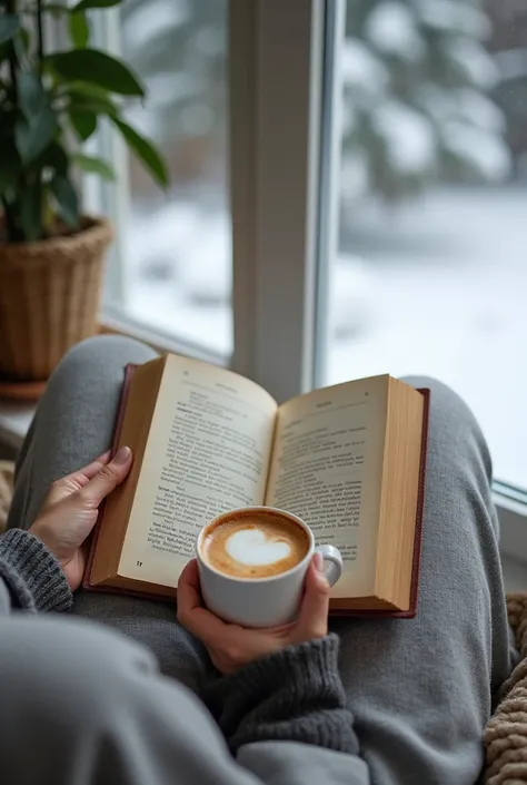  Generate second-person view images ,  the lap of a woman who is wearing gray sweatpants ,  above her lap she has a medium open book with yellowed pages,  she is holding a small white cup with cappuccino inside . Near a window with a view of snow and pine ...