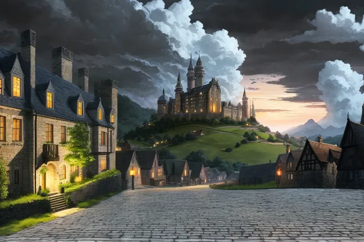 masterpiece, Best Quality, Super detailed,anime,landscape,((Night Scenery)), BREAK paved cobblestone ground and a large aristocrats mansion ,  BREAK The background has a medieval night castle town and a grand castle towering over the hill in the back,  The...