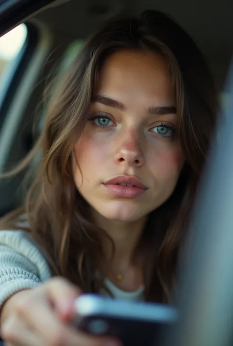 a close up of a person in a car with a cell phone, bella poarch, madison beer, soft devil queen madison beer, dua lipa, :: madison beer, sitting in her car, without makeup, charli bowater, 18 years old, madison beer girl portrait, violet myers, kailee mand...