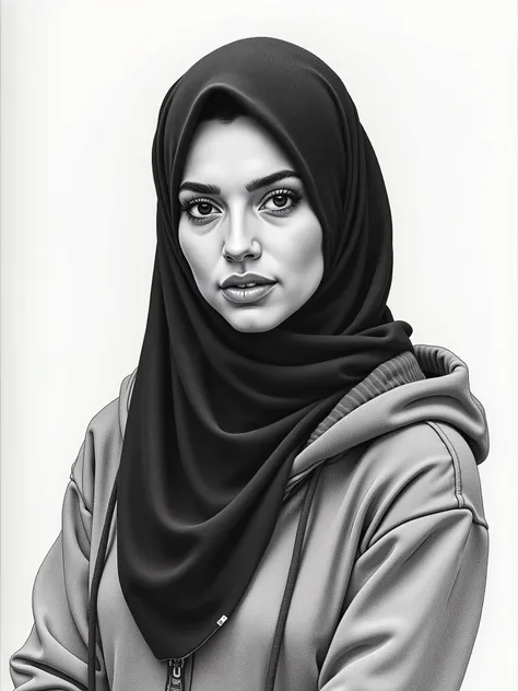 drawing on paper, pencil drawing, pen drawing, drawing of a woman wearing a black hijab wearing a gray hoodie, real drawing