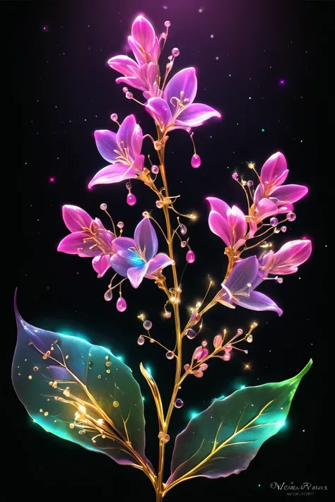 minimal branch of delicate glowing bioluminescent dark pink lilac flowers and green leaf with bright colors, super transparent, beautiful spectral light, petals glow and flashing, black background, a text "Love" exactly correctly spelled in cursive golden ...