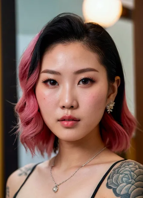 Close-up of a woman with a tattoo like a yakuza, Chest tattoo,  beautiful Chinese model ,  delicate face of an Asian girl ,  high quality portraits , , a Portland skin with sparkle,  has a glazed tile-like skin , Has a mirror-like skin , Red cheeks, Pink s...