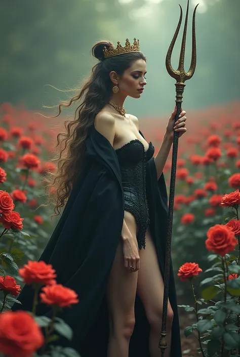 Vampire woman Beautiful woman basically long hair tied up with gold crown, giant coat that covers up to the feet with fluoride print and hood, rose field background , CORSET, trident in hand, nude surrounded by mirrors , tatuajes 