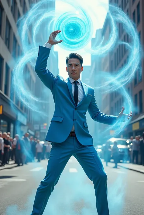  In a realistic image like a photograph , A man in a light blue suit in attack pose , Hold with one hand above your head , , a light blue spherical energy that emanates beams that resemble a shuriken, its power is similar to a wind vortex or an organically...