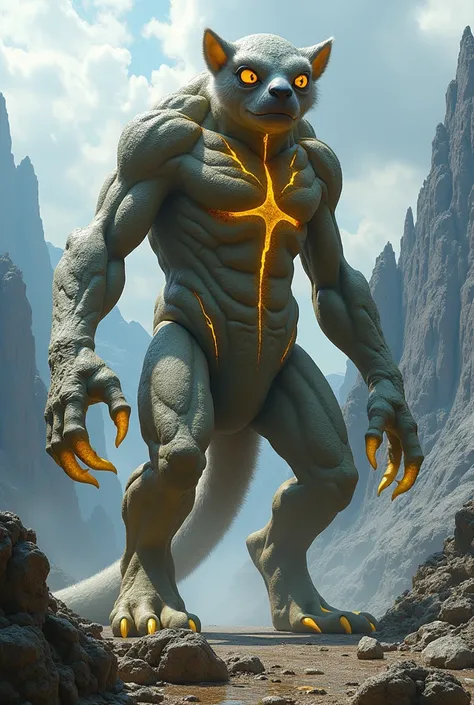  create a modern 3d fantasy image ,against the backdrop of rocky mountains ,a giant lemur-like monster with a stone body with cracks that emit a glowing yellow light all over its body