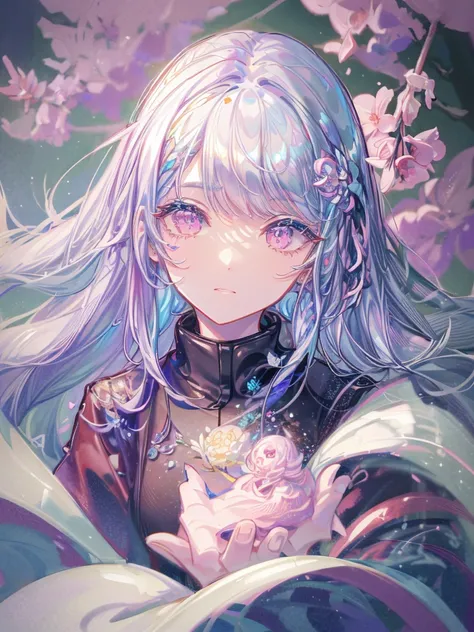 1girl in、florals,((masterpiece:1.4), best quality, HDR,UHD,8K), expressive eyes, cute chibi face, 1girl, solo, cute, perfect body, long light blue hair, wavy long bangs,chibi pink eyes, white skin, full body, angel