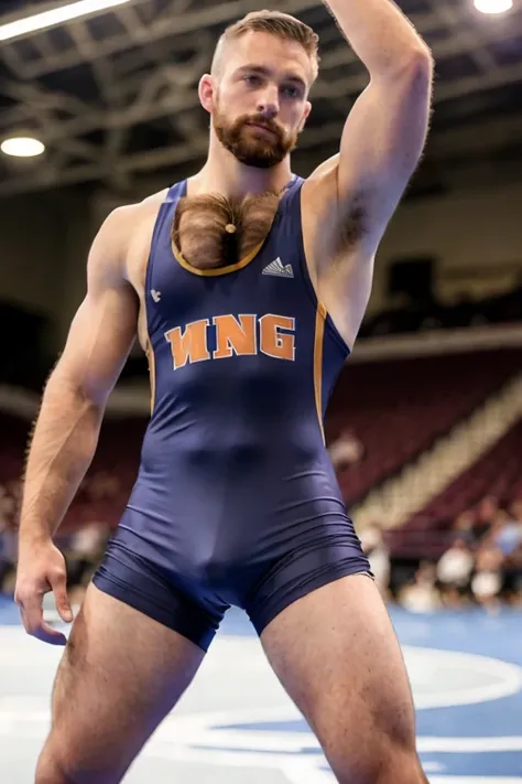 portrait photograph of a hot male wearing a collegiate wrestling singlet, 25-30 years old, short crew cut hair, oval face, perfect eyes, slim body, chest hair!, (hairy chest:1.1), arms crossed, wrestler stance, proud, invincible, high detailed skin, best q...