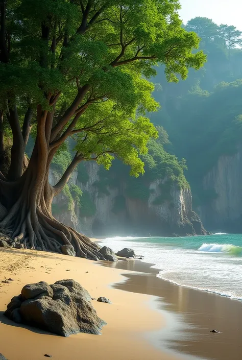 **Foreground**: The sandy beach has  a rock, adding texture to the scene.
2. **Vegetation**: A large tree with abundant green leaves stretches over the beach, providing welcome shade.
3. **Shoreline**: Gentle waves lap against the sand, reflecting the peac...