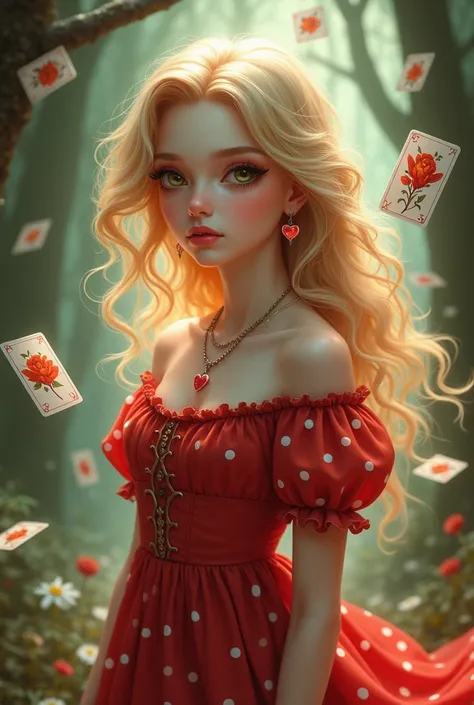 Make a fair-skinned girl ,  blond hair, greenish brown eyes,  red dress with white polka dots and earrings and heart necklace,  following tarot cards 