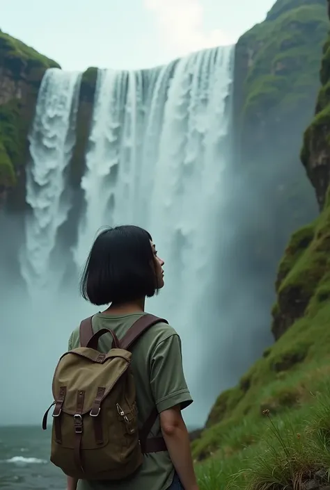 live-action、Real、Beautiful Japanese woman looking up at Iguazu Falls、Black Hair、Short Bob Hair、Explorer Outfit
