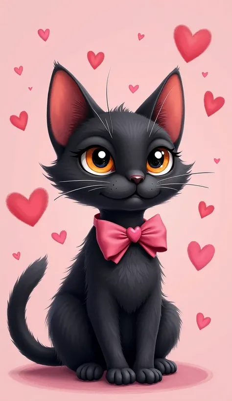 Design image of a black Havana Brown cat, with lovely sparkling eyes, wearing a pink bow tie of valenine. Wearing a cat collar with a small heart in the middle. The cat is placed on a pink background with large and small hearts flying around.
The design is...