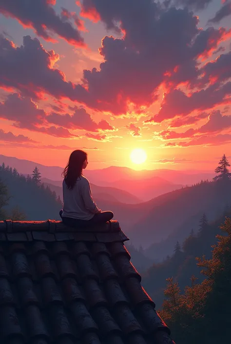 You have a person sitting on the roof of their house watching the sunset 