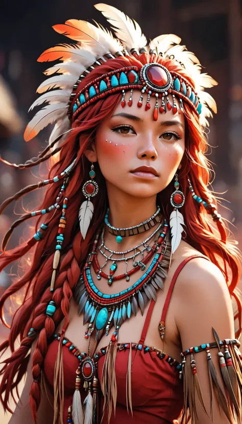  One Girl ,profile、 Native American , A large, voluminous hair ornament with so many feathers,gem, necklace,Tribe,Head ornament, upper body red ,Pigments, braiding , upper body red ,Freckles 、 Big Breasts 、 One Girl 、 highly detailed skins for your birthda...