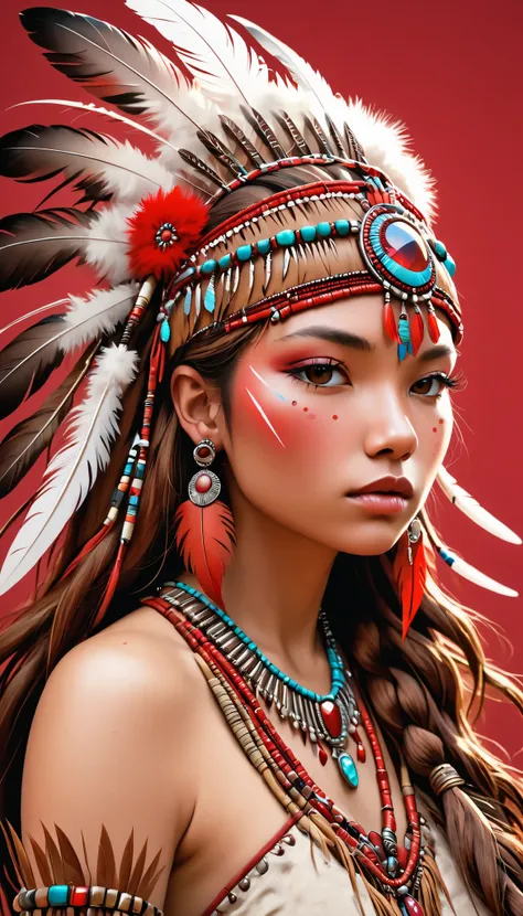  One Girl ,profile、 Native American , A large, voluminous hair ornament with so many feathers,gem, necklace,Tribe,Head ornament, upper body red ,Pigments, braiding , upper body red ,Freckles 、 Big Breasts 、 One Girl 、 highly detailed skins for your birthda...