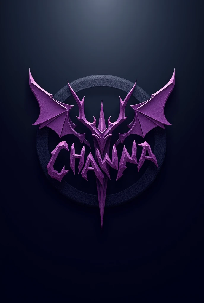 This is gaming logo. Background is black and dark blue color mixture. Logo is devil purple colored. Background looks name "chawwa" bigger.