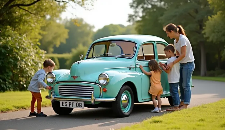 "Create an image of the 1962 Morris Minor parked in a scenic outdoor setting, like a park or a suburban driveway. The car should appear modern, sleek, and clean with visible hybrid design elements. A happy family of four (two adults and two s) is around th...