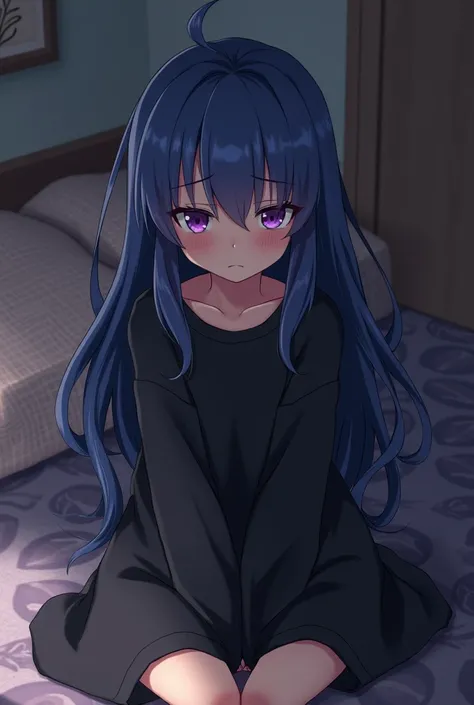 Create an anime girl, ,  who is in a house pouting ,  clothing black sweatshirt that reaches the knee, blue hair with purple locks 