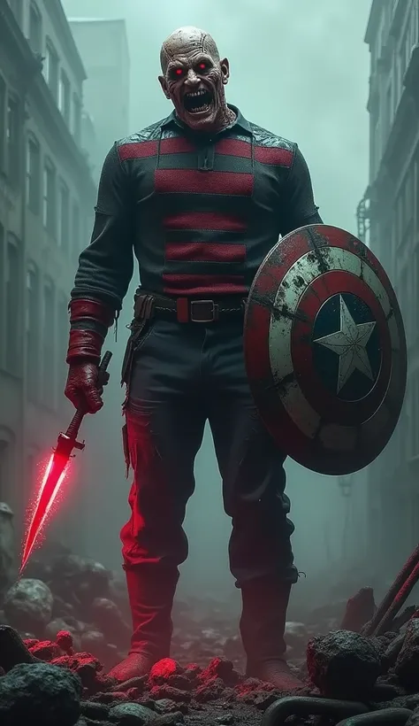 A horrifying fusion of Freddy Krueger and Captain America, a twisted hybrid standing in a nightmarish, ominous setting. The creature combines Freddy’s burned face with Captain America’s strong, muscular build. Its right hand is Freddy’s infamous razor-glov...