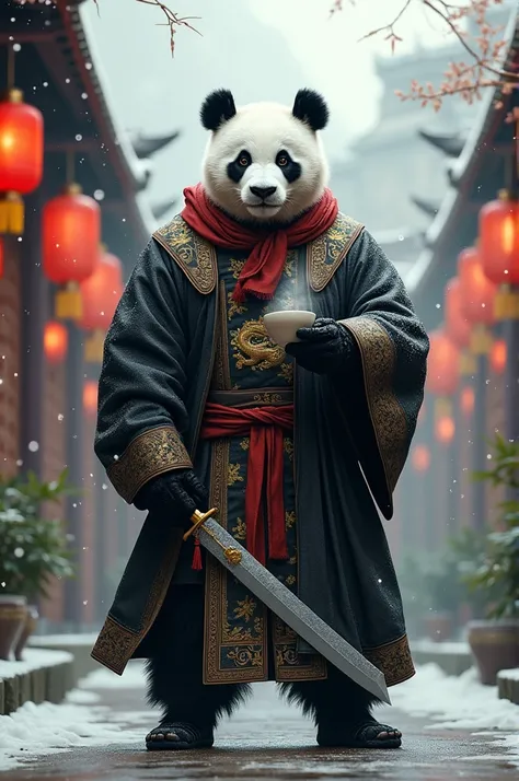 An imposing anthropomorphic panda representing China, dressed in a black silk robe with gold dragon embroidery and a crimson scarf. The panda stands calmly in a snowy courtyard surrounded by red lanterns and towering bamboo stalks. In one paw, it holds an ...