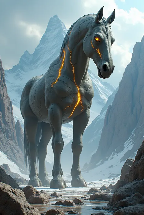  create a modern 3d fantasy image ,against the backdrop of rocky mountains ,a giant horse-like monster with a stone body with cracks that emit a glowing yellow light all over its body