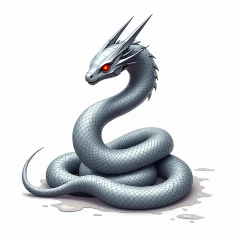 A highly detailed illustration of a metallic snake-like creature with a sleek and elongated body coiled into a circular, knot-like shape. The body is covered with finely textured scales that have a polished silver metallic sheen, reflecting light with a re...