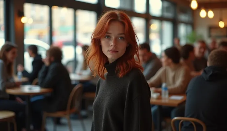 A young woman in her late 20s with medium-length red hair, pale skin, and light green eyes, standing alone in a crowded café. She is dressed casually in a fitted sweater and jeans, yet her posture is slightly hunched, and her gaze is downwards, portraying ...