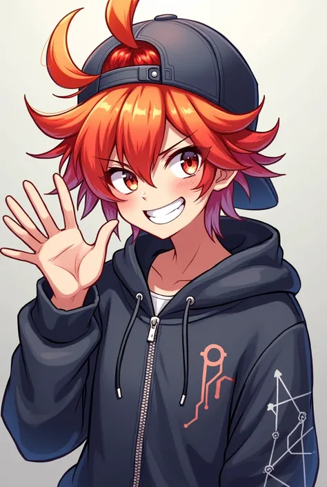 Anime with messy anime hair wearing a cap backwards with a zip-up network with a smug smile waving