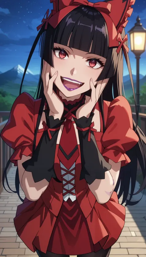 score_7_above, anime screencap, RoryMercury , 1 , (Yandere:1.1), crazy smile, crazy eyes,  Open mouth,  long hair,  black hair,  red eyes , hime cut, short bangs, purple lipstick, Hair bow, multicolo red dress ,  black dress,  red dress , short puffy sleev...