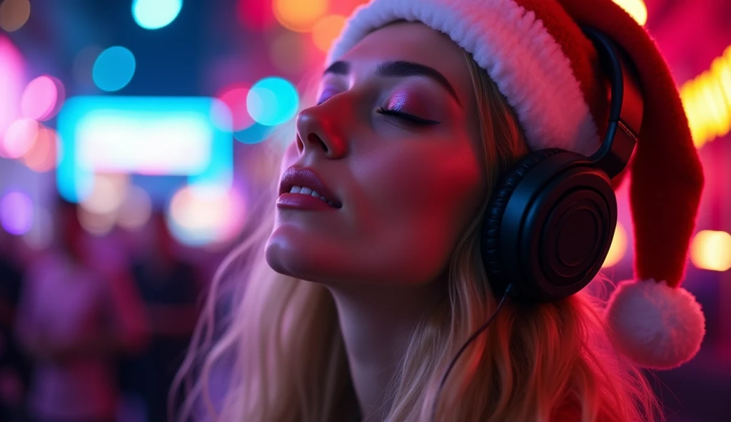 Close up shot of a beautiful woman wearing christmas hat and headphone. She looks like she is emersed in the music as she closes her eyes to enjoy the music. backdrop is colorful neon lights. vivid. high defination.