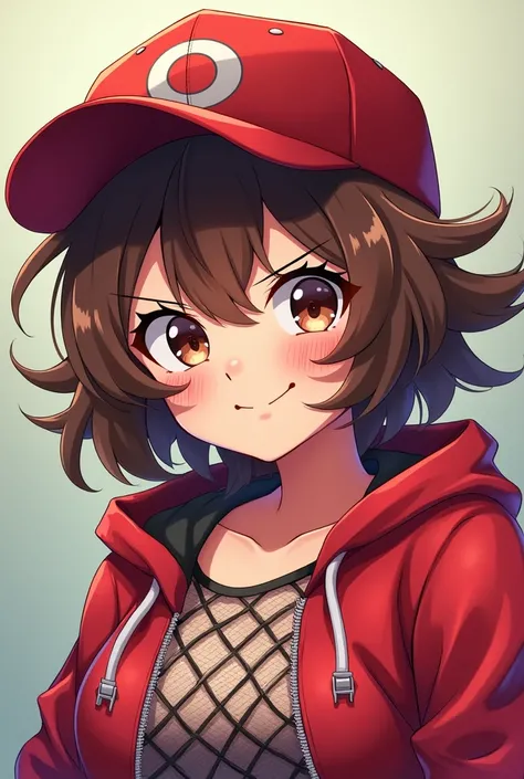 Anime with brown hair from messy anime wearing a hat backwards with a red zip up net with a smug smile greeting