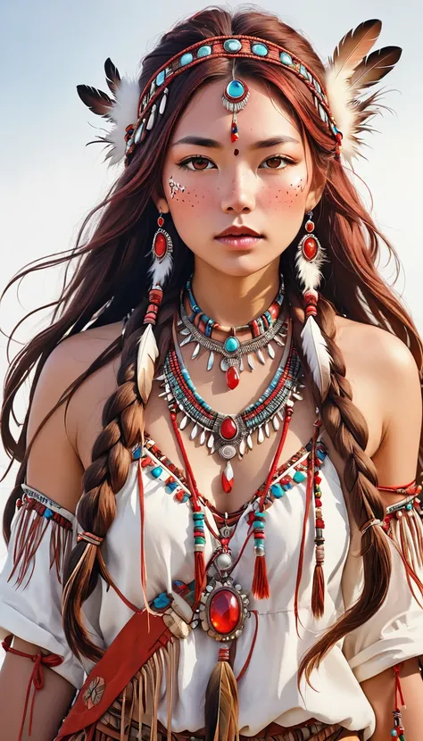  One Girl 、Looking up at white 、 Native American ,  long, voluminous hair ornament with so many feathers,gem, necklace,Tribe,Head ornament, upper body red ,Pigments, braiding , upper body red ,Freckles、 Big Breasts 、 One Girl 、 highly detailed skins for yo...