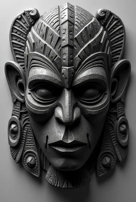 Generate an image of Papua New Guinea Sepik Face Carving. The Carving must be drawn and coloured black and white.