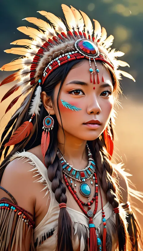  One Girl 、 looking up at the sky、 Native American ,  long, voluminous hair ornament with so many feathers,gem, necklace,Tribe,Head ornament, upper body red ,Pigments, braiding , upper body red ,Freckles、 Big Breasts 、 One Girl 、 highly detailed skins for ...